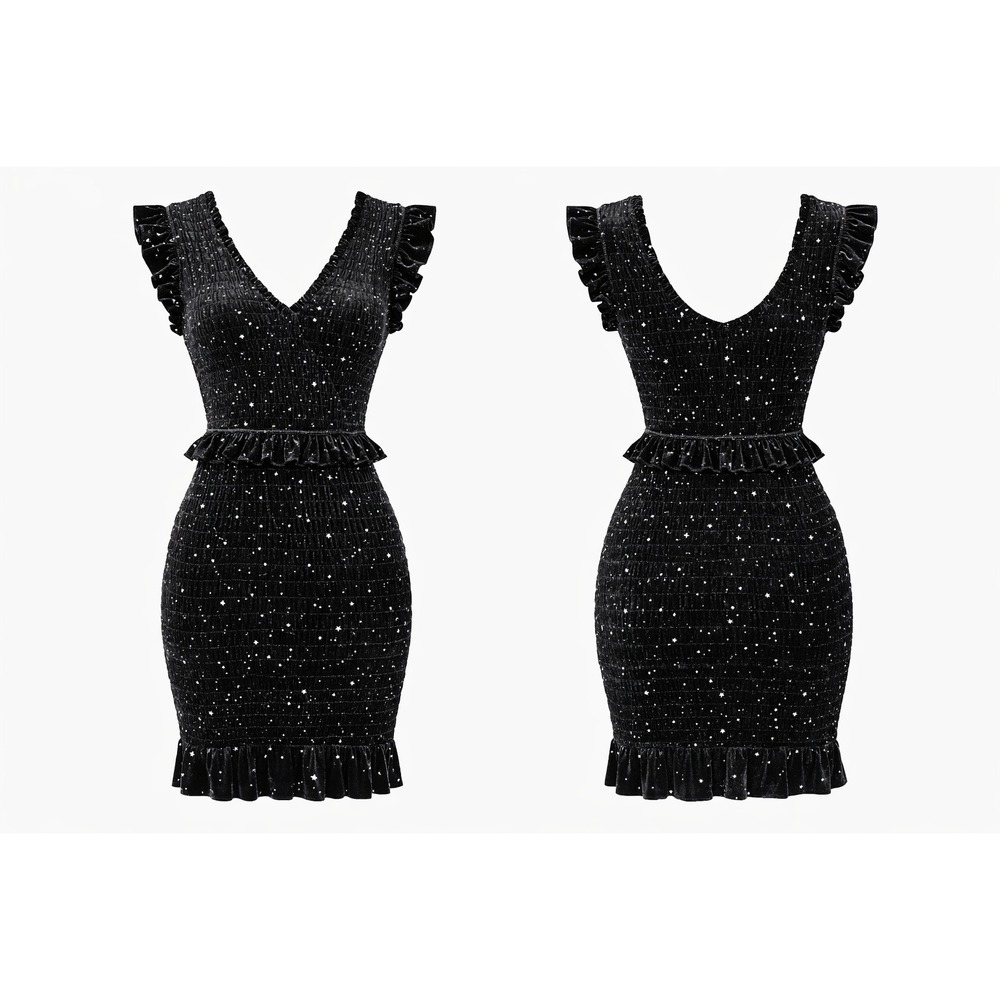 AQUA Smocked Velvet Ruffle Mini Dress SML Black Silver Star Celestial Ethereal